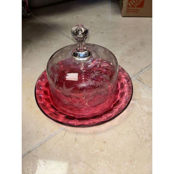 GLASS  DOME CHEESE Butter DESSERT COVERED DISH 7x9” Cranberry Clear Birds Trees - Picture 1 of 7